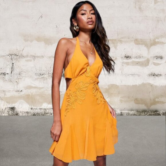 ASOS Women's Orange Embroidered Halter Mini Dress With Godets Size 4 - Picture 1 of 6